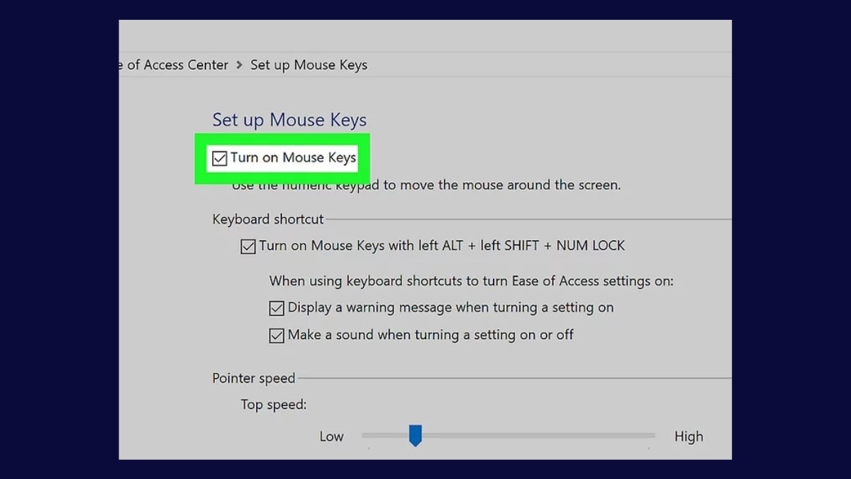 Tích vào ô Turn on Mouse Keys