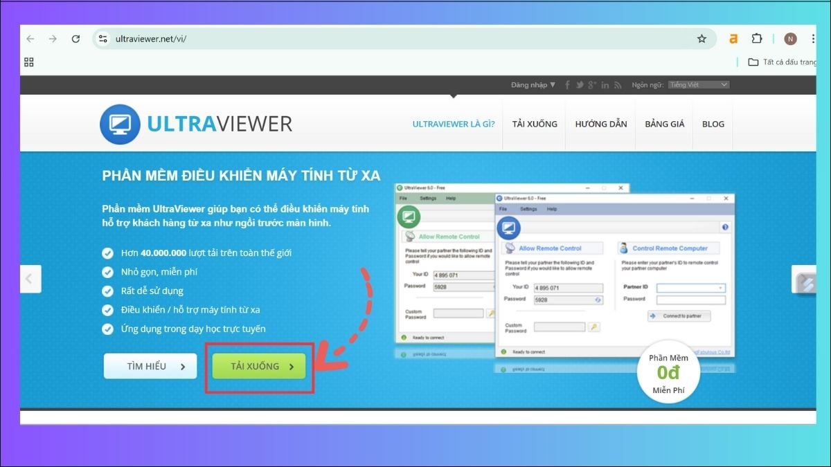 Truy cập vào trang web https://ultraviewer.net/vi/. Tìm và click vào nút Tải Xuống