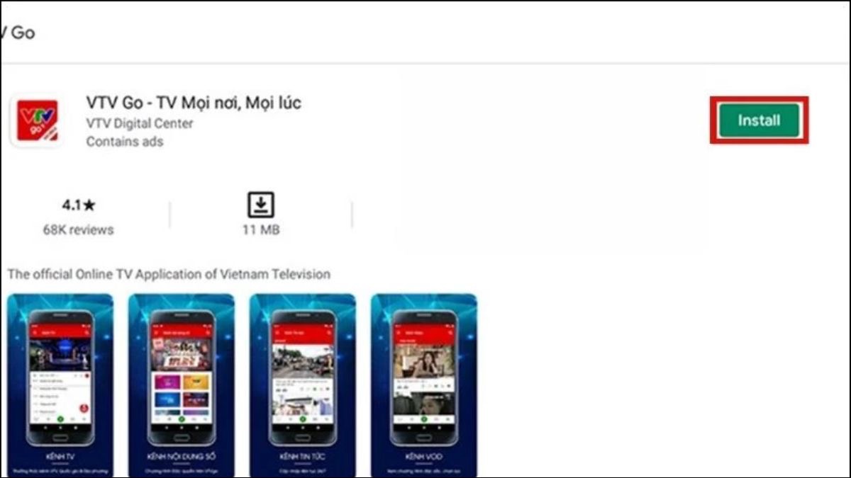 Chọn Install để download VTV Go