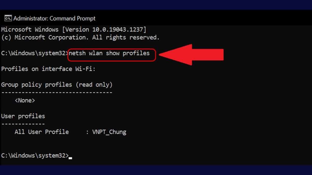 Trong cửa sổ Command Prompt, gõ lệnh netsh wlan show profiles và nhấn Enter