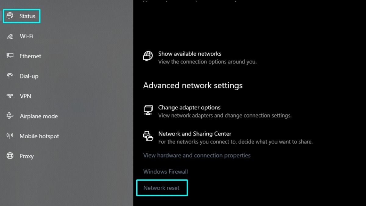 Chọn Status (Trạng thái) > Network reset (Đặt lại mạng)
