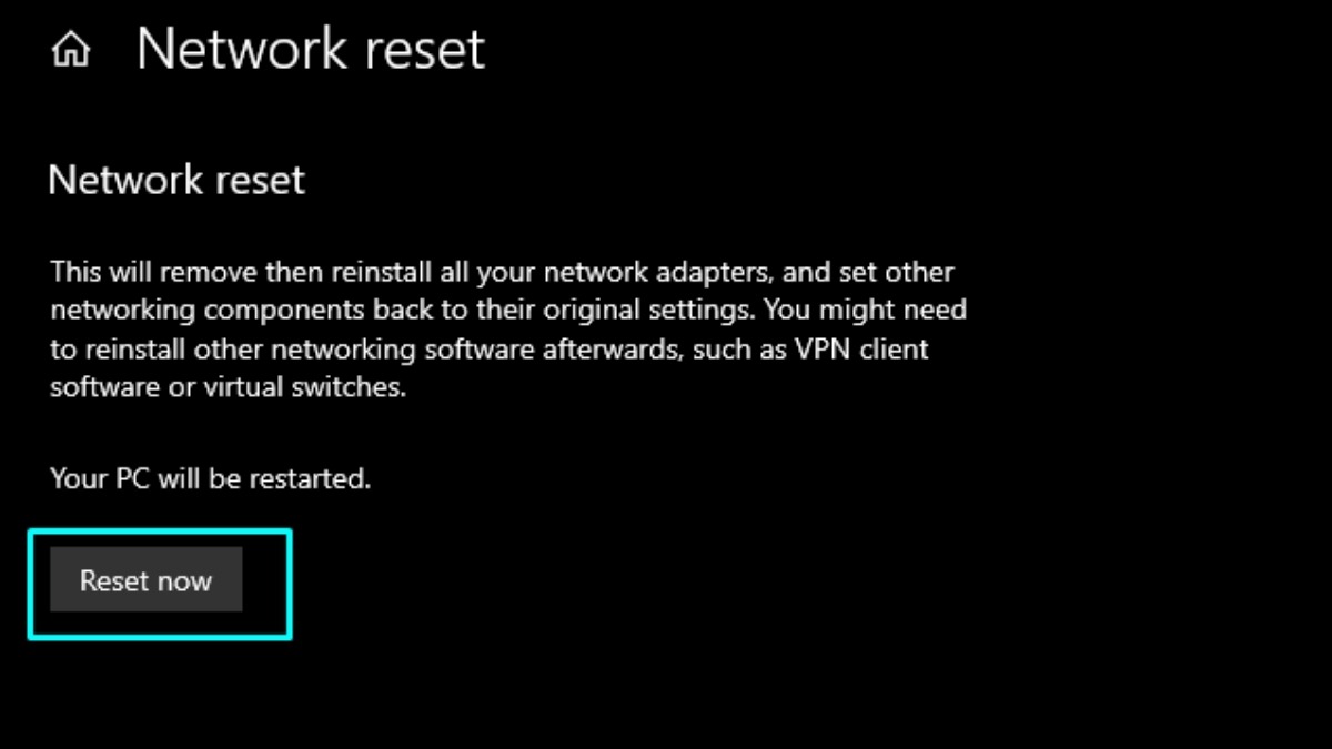 Nhấn Reset now (Đặt lại ngay)