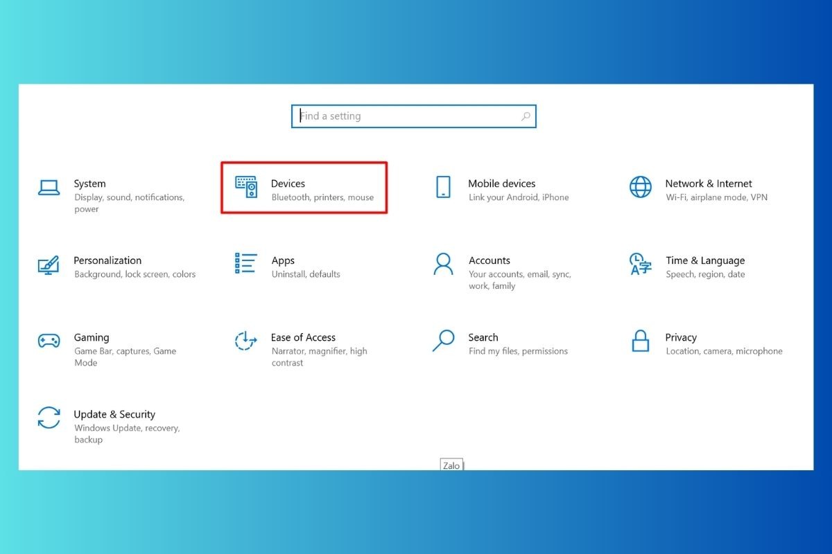 Trong menu Settings, chọn Devices