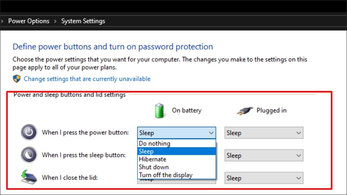 Click chọn Shutdown cho On battery (trường hợp xài pin) và Plugged in (trường hợp xài điện)