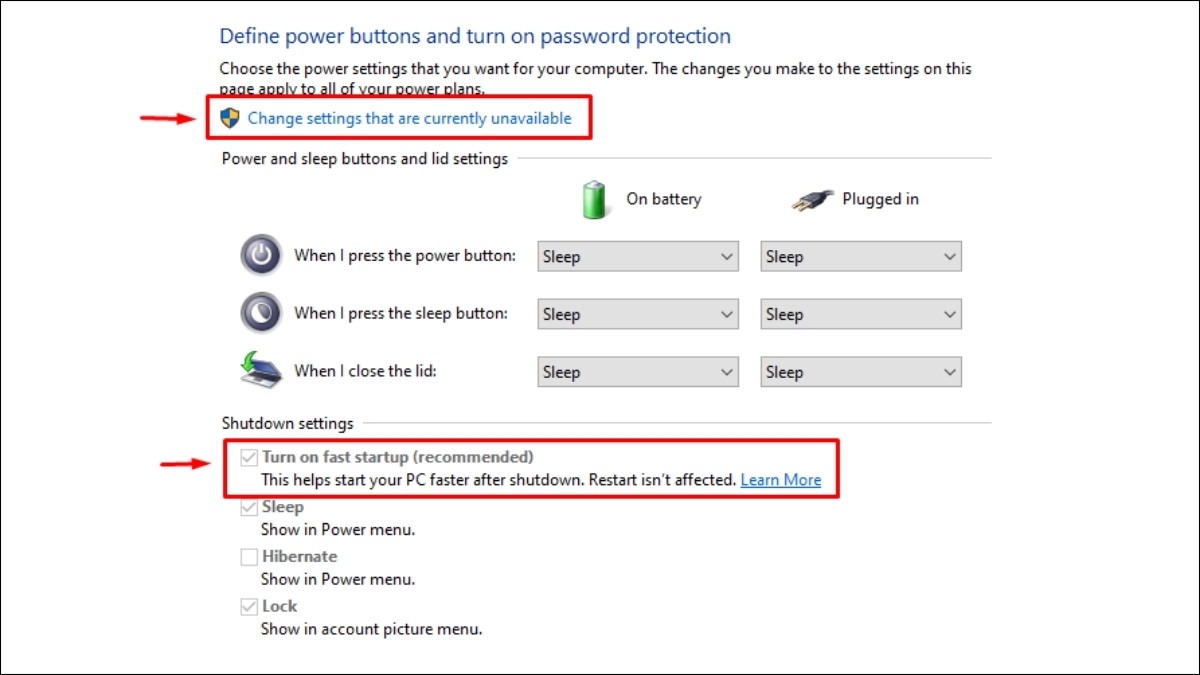 Trong phần Shutdown settings, bỏ chọn ô Turn on fast startup (recommended)
