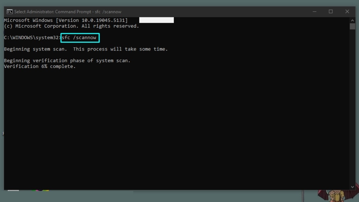 Trong cửa sổ Command Prompt, gõ lệnh sfc /scannow và nhấn Enter