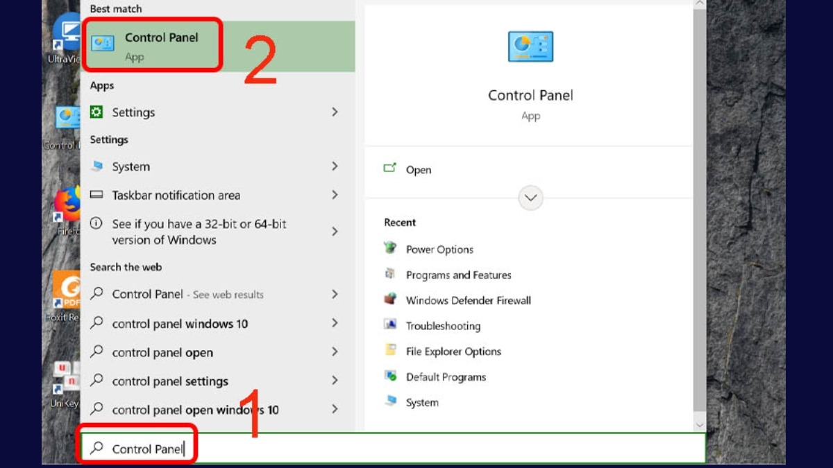 vào thanh tìm kiếm và chọn ứng dụng Control Panel