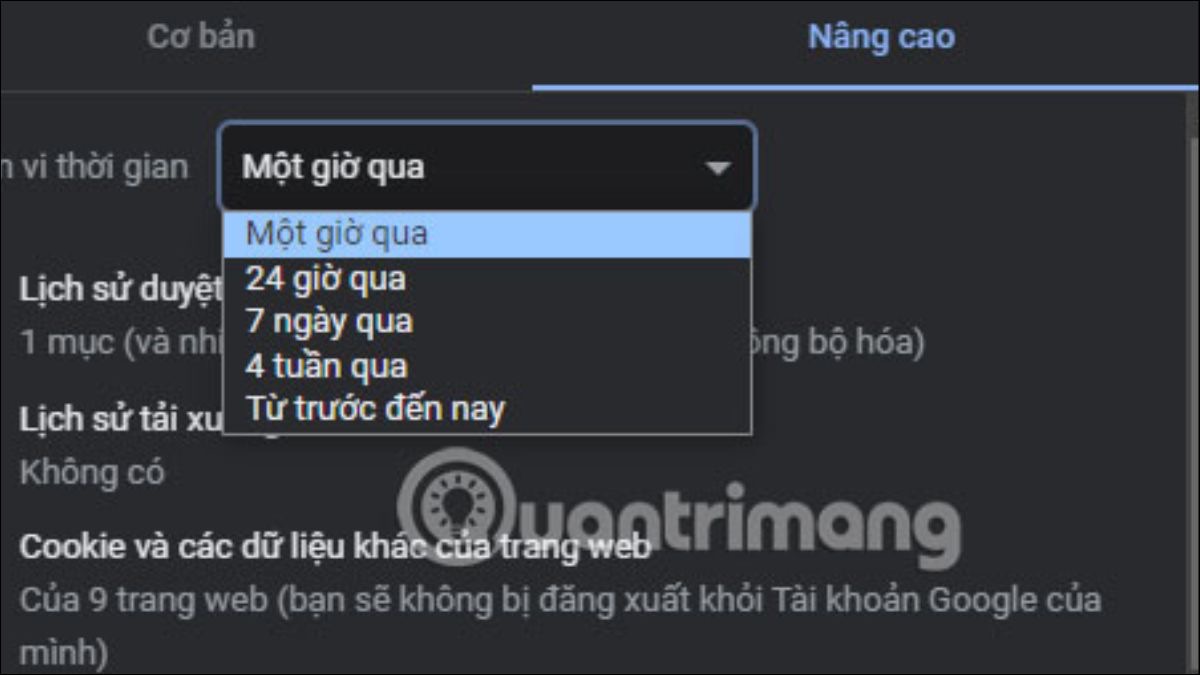 Chọn khoảng thời gian tương tự như khi xóa lịch sử duyệt web