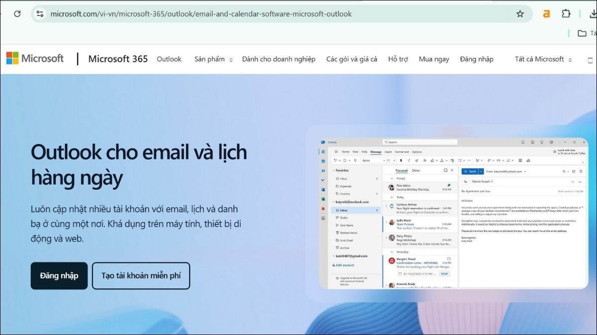 Truy cập vào địa chỉ: outlook.com và đăng nhập tài khoản Microsoft để tải Outlook