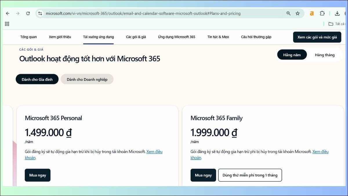 Truy cập trang web của Microsoft 365 và chọn gói đăng ký phù hợp với nhu cầu của bạn