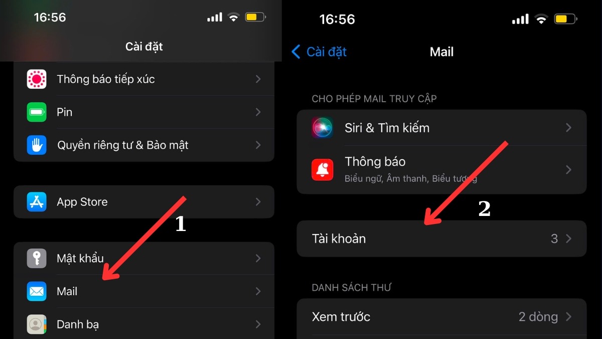 Trong Cài đặt, tìm và chọn mục Mail