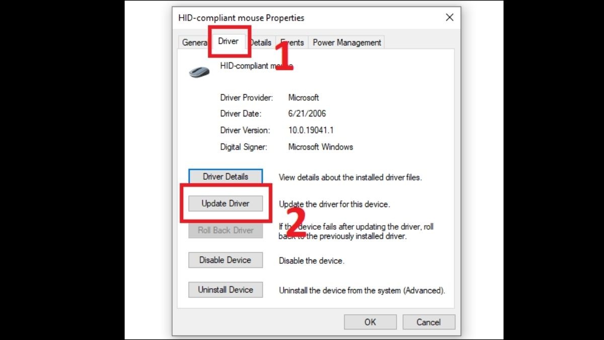 Click vào mục Update Driver