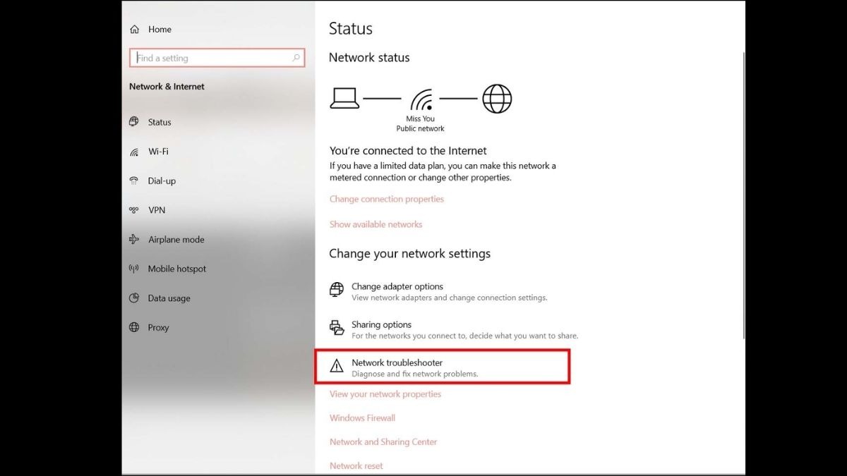 click vào Network troubleshooter