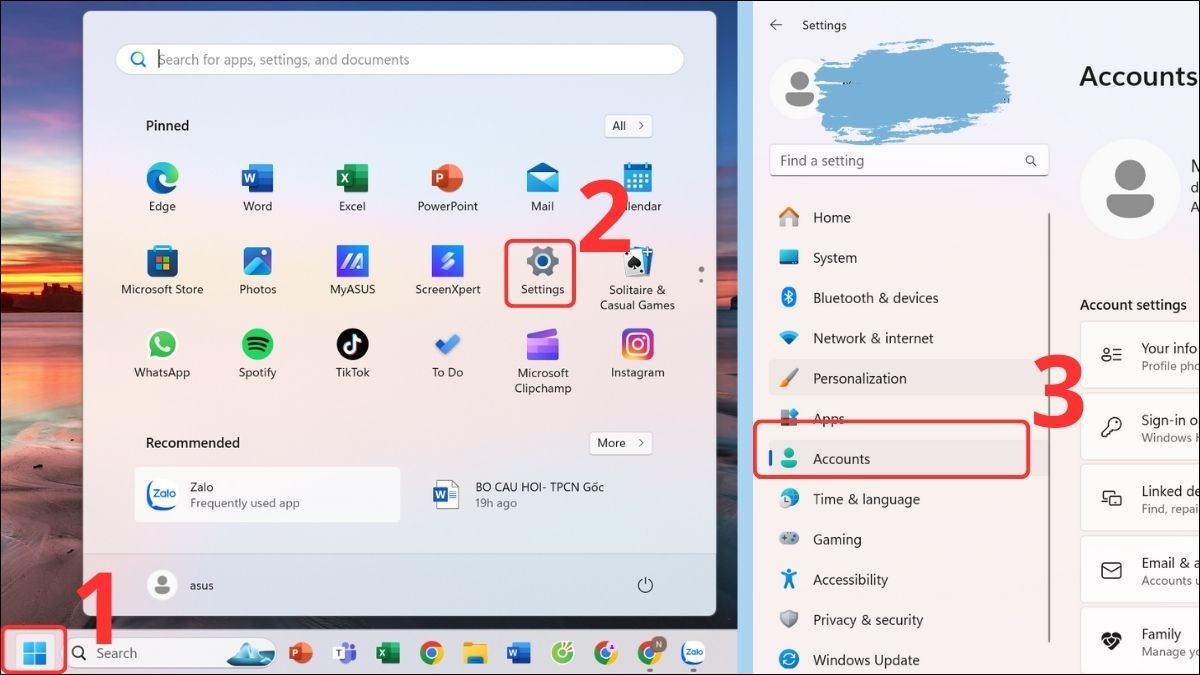 Bấm chọn vào nút Start -> Settings -> Account