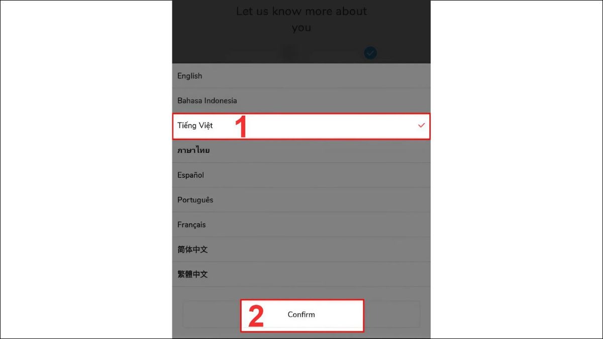 Nhấn chọn Tiếng Việt trong danh sách và nhấn Confirm