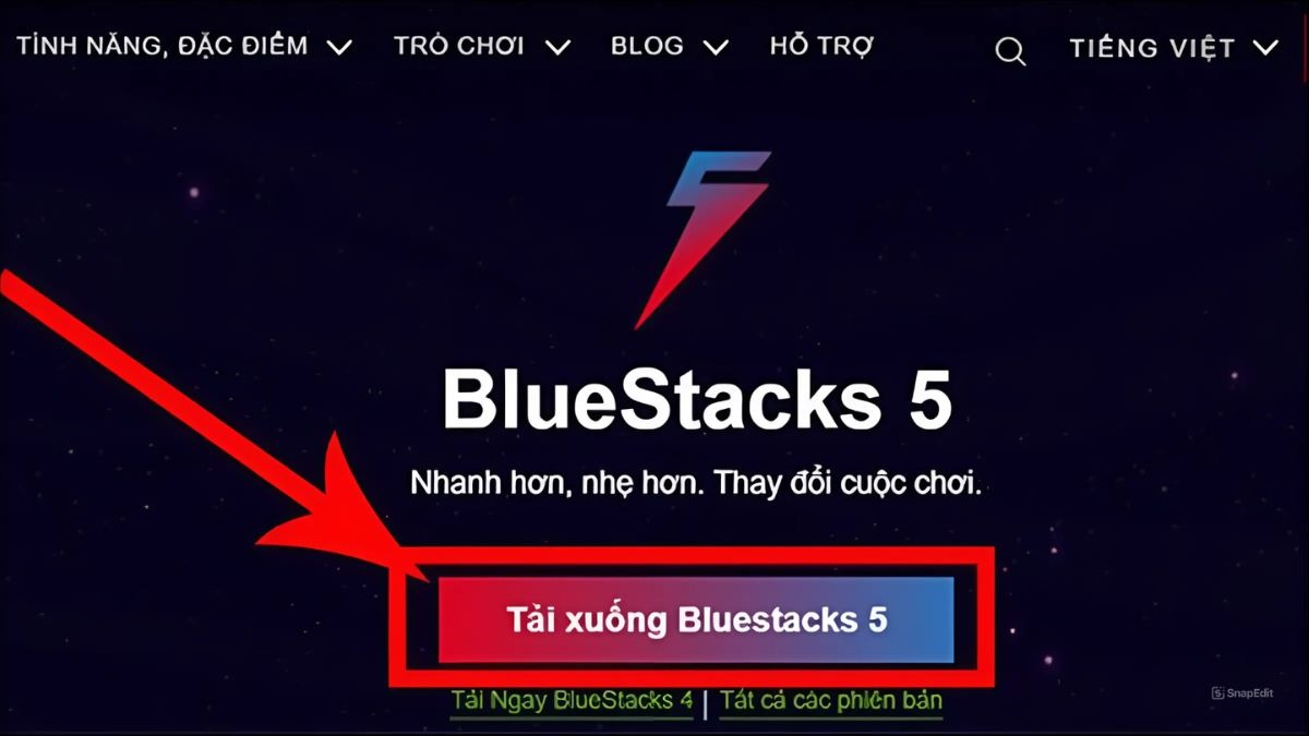 Truy cập trang chủ BlueStacks > Nhấn chọn Tải xuống BlueStacks 5