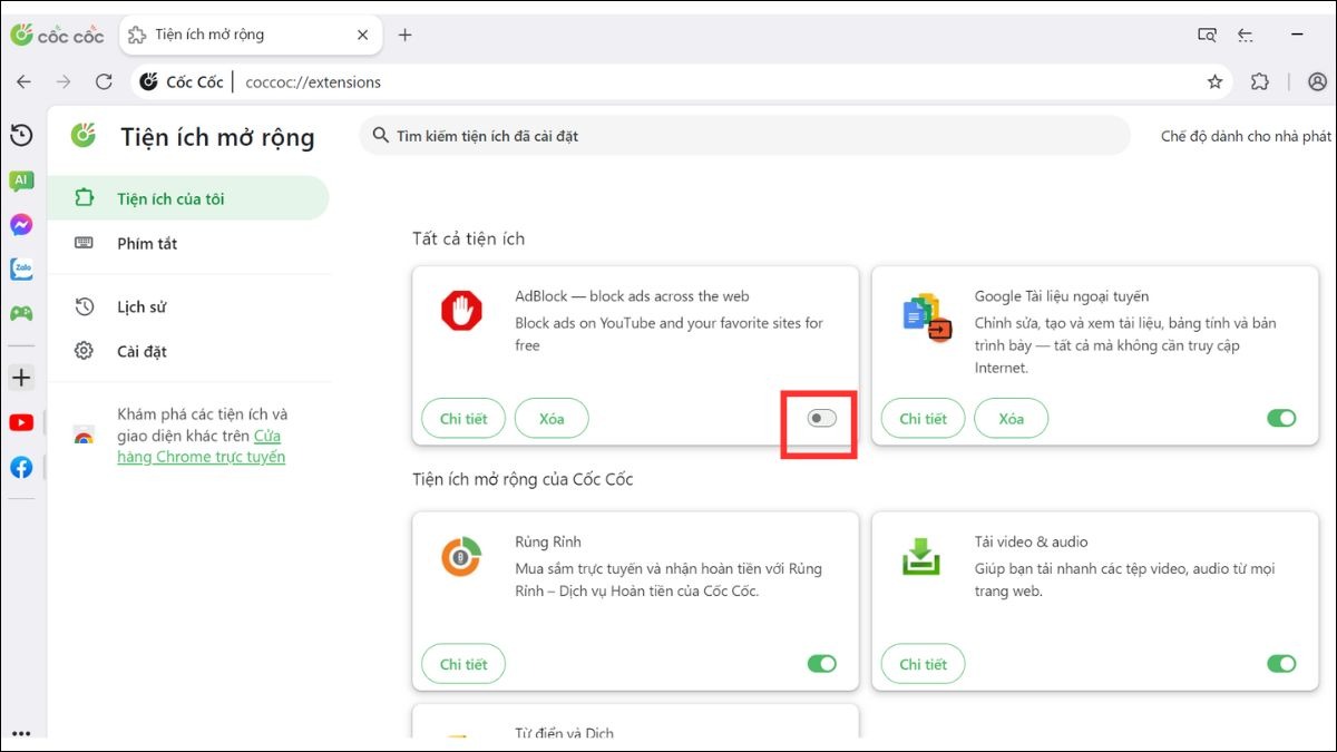 Bạn vào phần cài đặt của Cốc Cốc, tìm mục Tiện ích mở rộng và tắt Adblock tương tự như trên Chrome