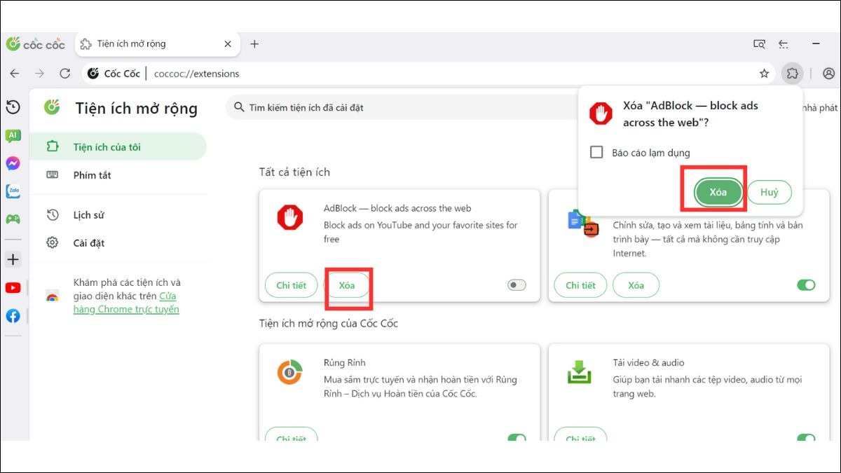 Ở Cốc Cốc, vào phần Tiện ích mở rộng và chọn gỡ bỏ Adblock