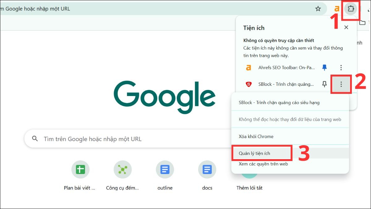 Nhấn vào dấu ba chấm dọn ở gần biểu tượng Adblock và chọn Quản lý tiện ích