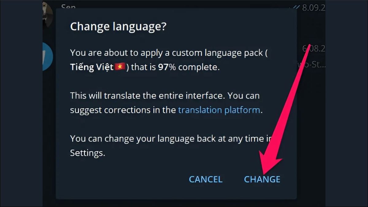 Nhấn vào Change để cài tiếng Việt cho Telegram