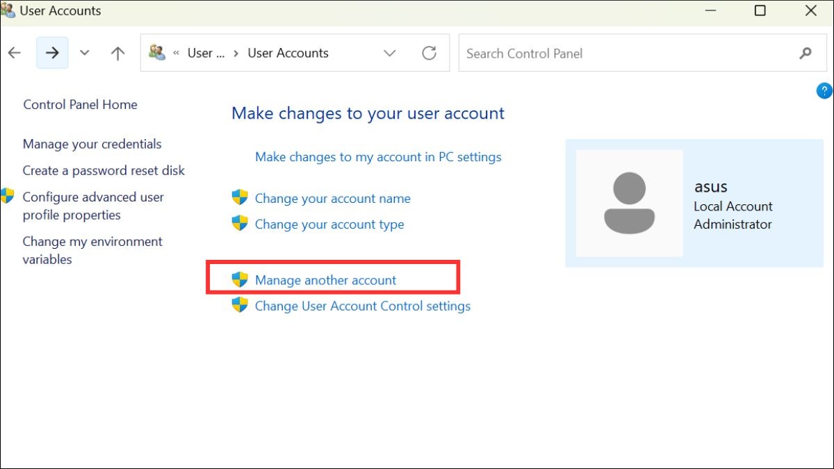 Chọn Manage another account để truy cập vào danh sách các tài khoản