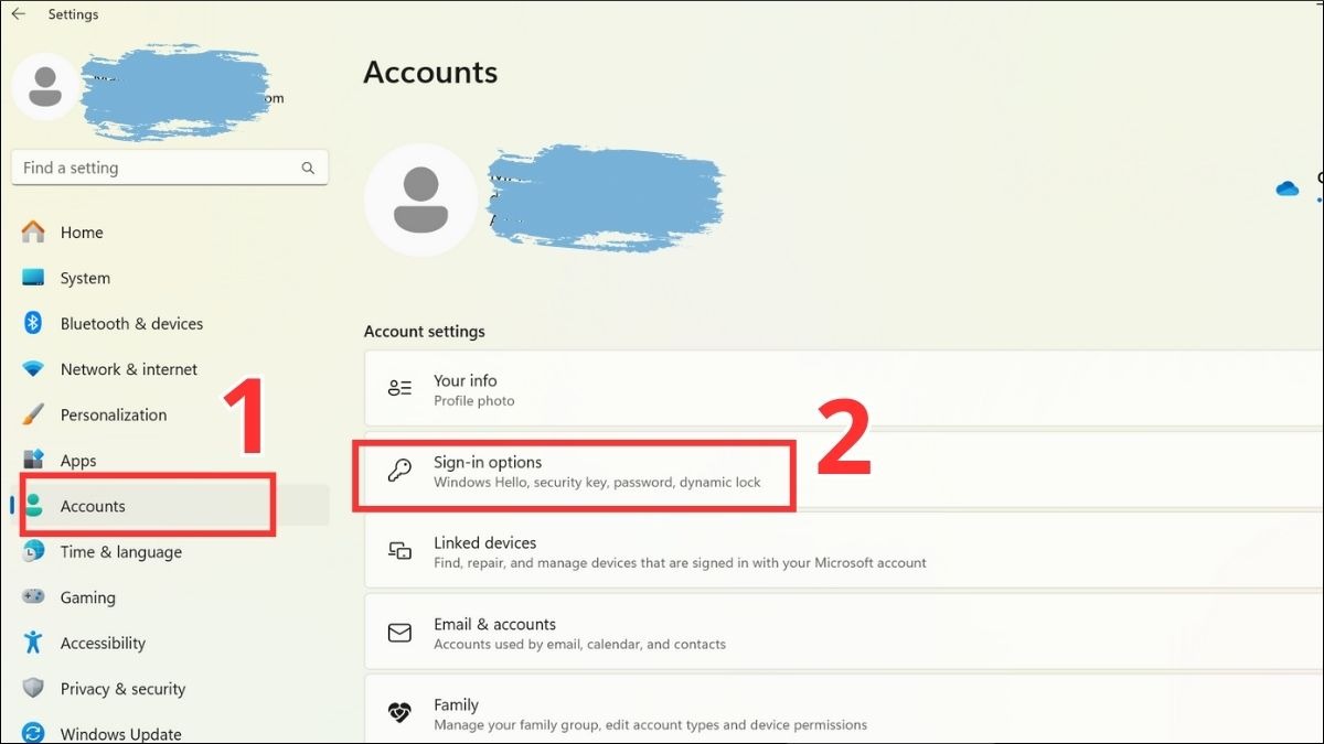 Chọn mục Accounts > Sau đó, nhấn vào mục Sign-in options