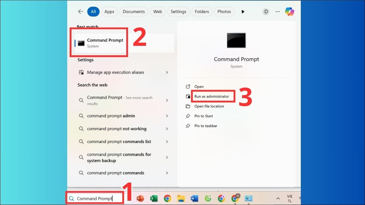 Mở Start Menu và nhập Command Prompt