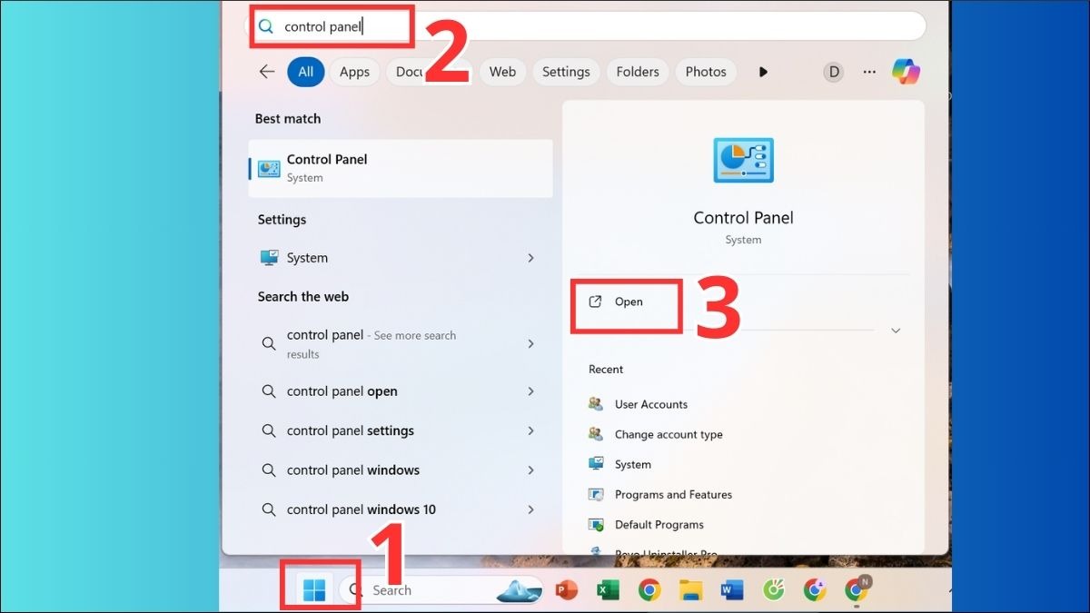 Gõ Control Panel vào thanh tìm kiếm Windows
