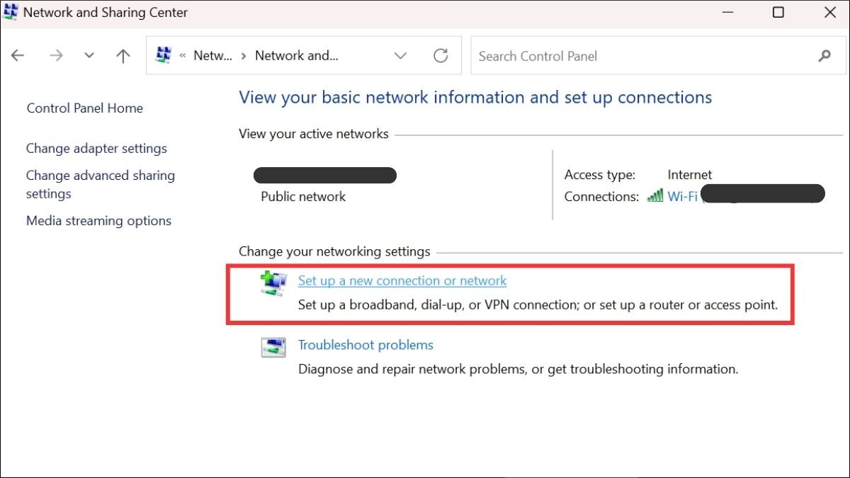 Click chọn Set up a new connection or network