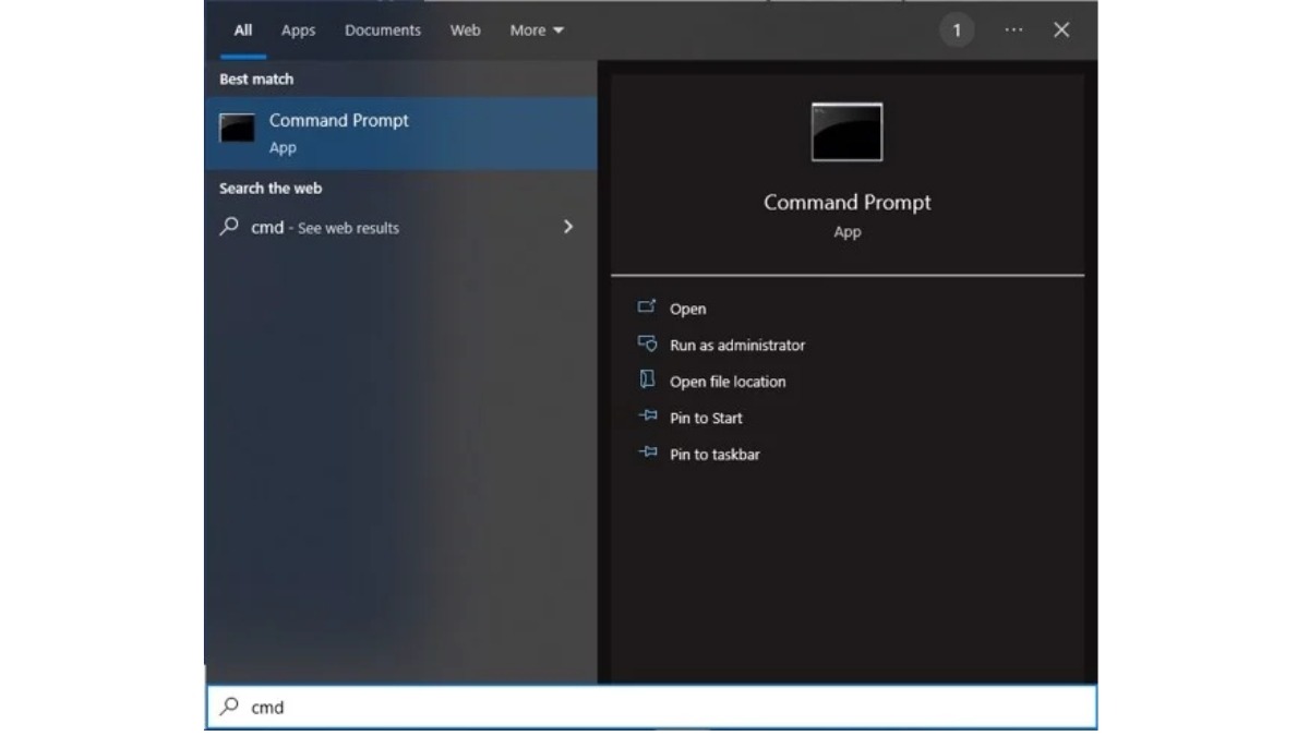 Mở Command Prompt bằng cách gõ cmd vào thanh tìm kiếm trên Taskbar
