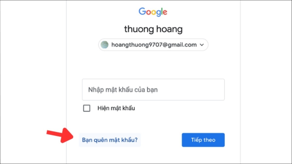 Nhấn Tiếp theo sau đó chọn Quên mật khẩu