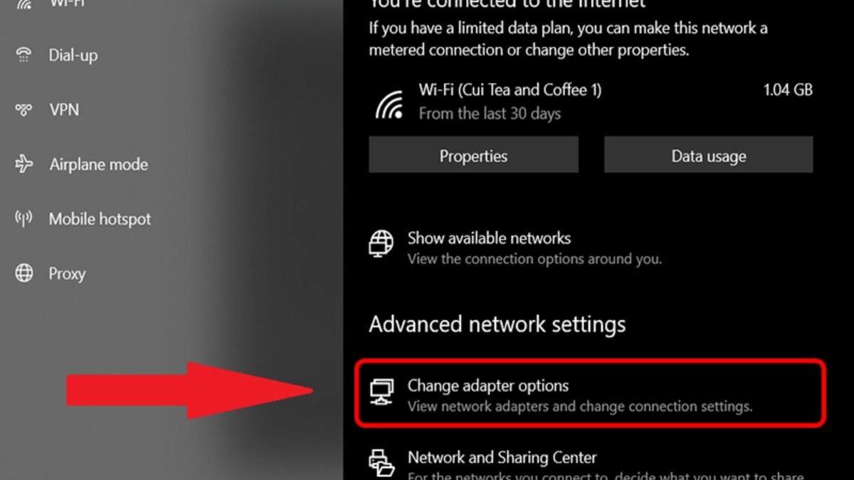 Trong Network and Sharing Center, nhấp vào Change adapter options