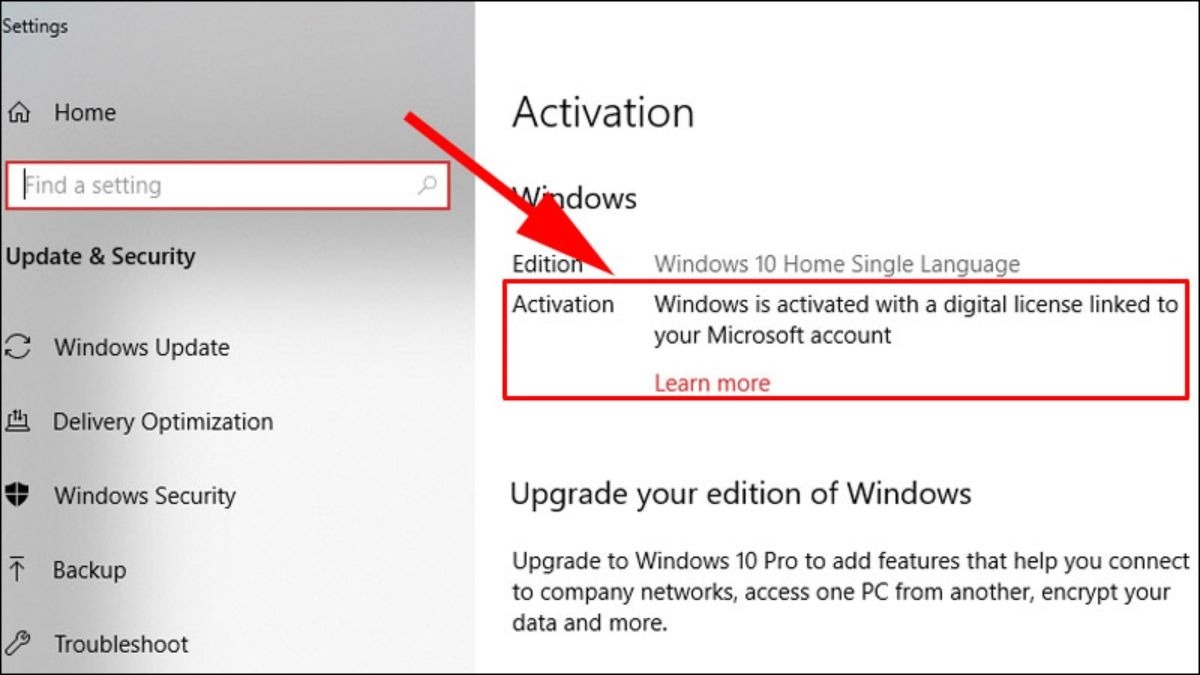 Trong cửa sổ Activation settings quan sát phần Activation