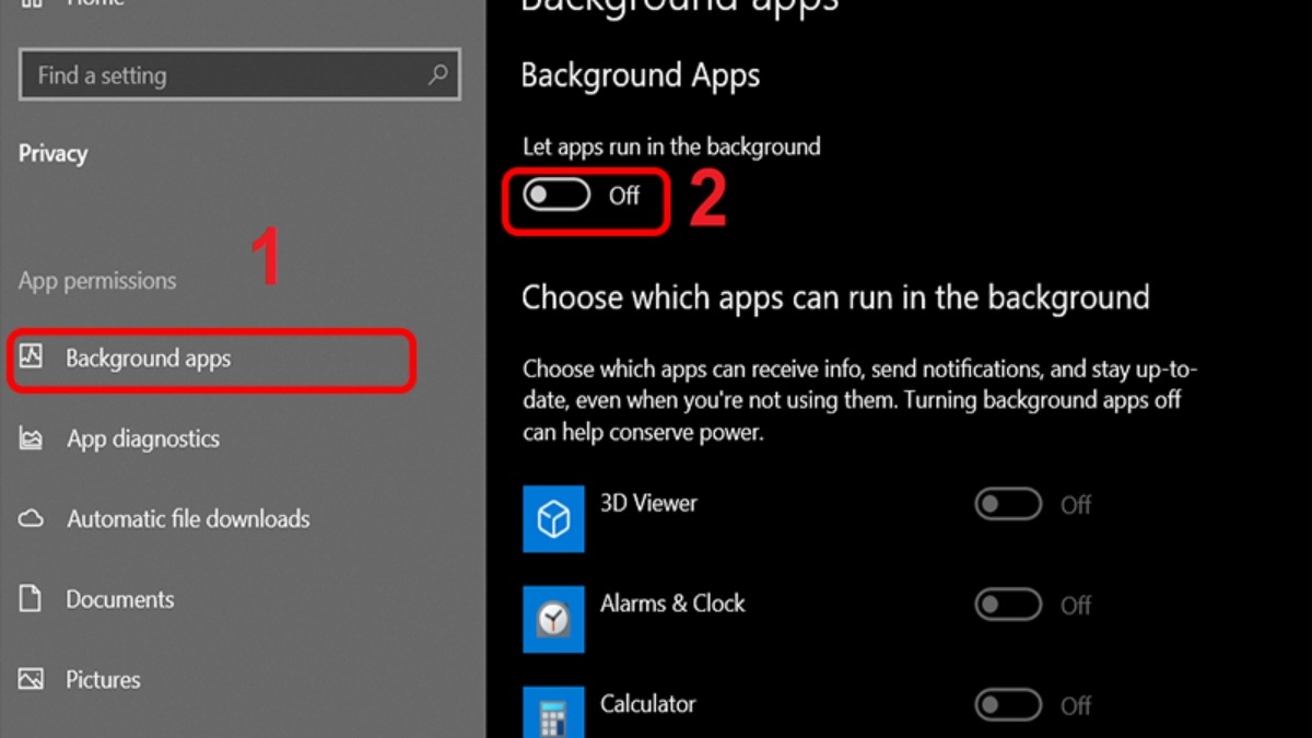 Gạt nút Let apps run in the background sang vị trí Off