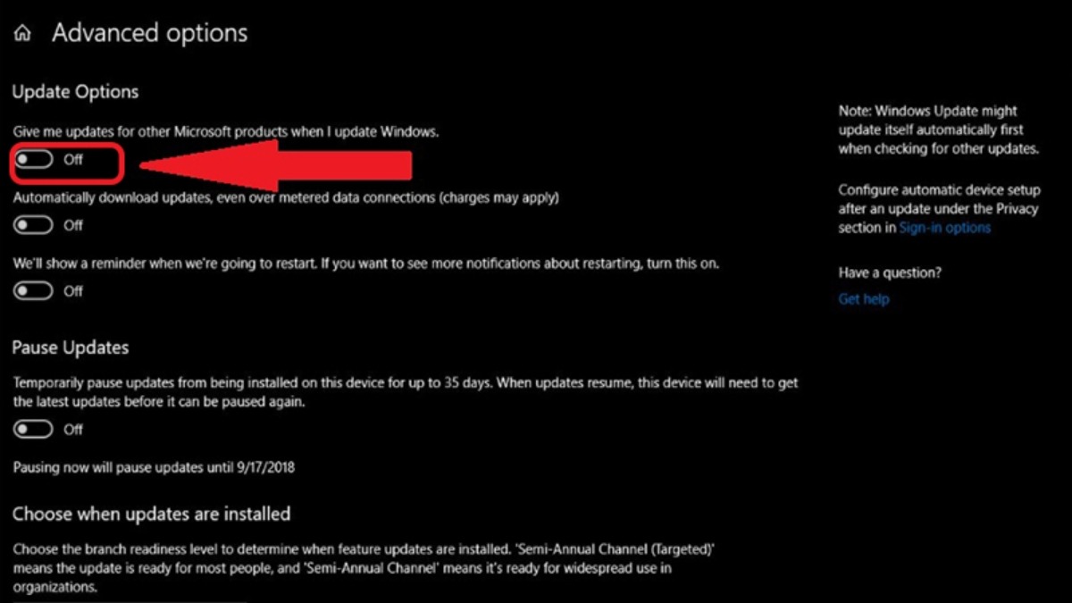 Tắt tùy chọn Give me updates for other Microsoft products when I update Windows