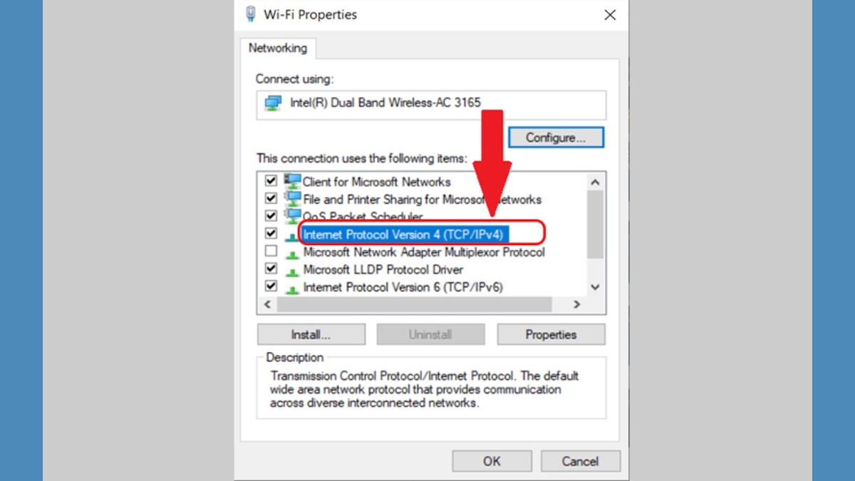 tìm và chọn Internet Protocol Version 4, sau đó nhấp vào Properties