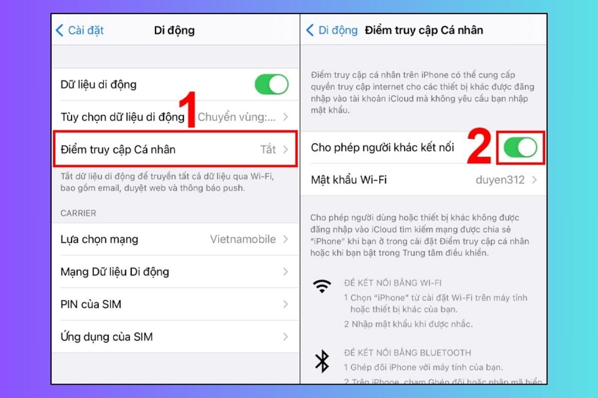 Bật Personal Hotspot bằng cách vuốt công tắc sang phải