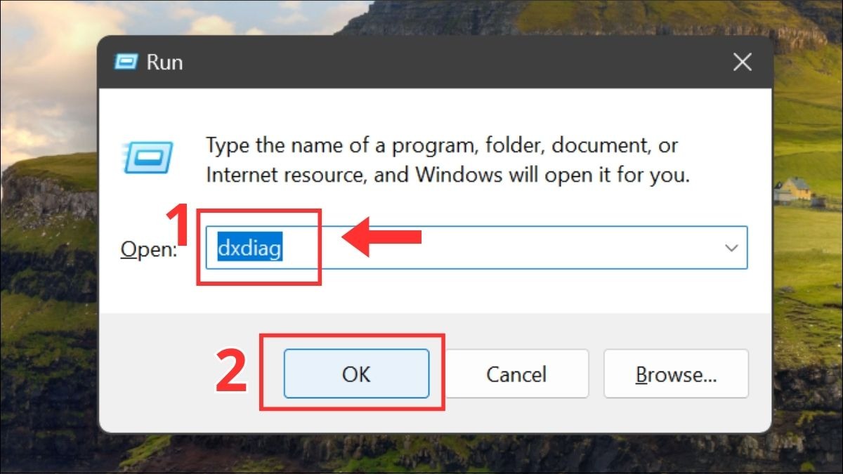 Nhấn tổ hợp phím Windows + R, gõ dxdiag và nhấn Enter