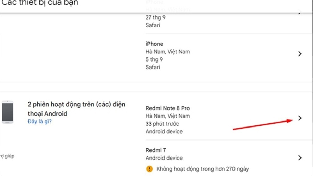 Danh sách các thiết bị mà bạn đã đăng nhập vào tài khoản Google sẽ hiện ra
