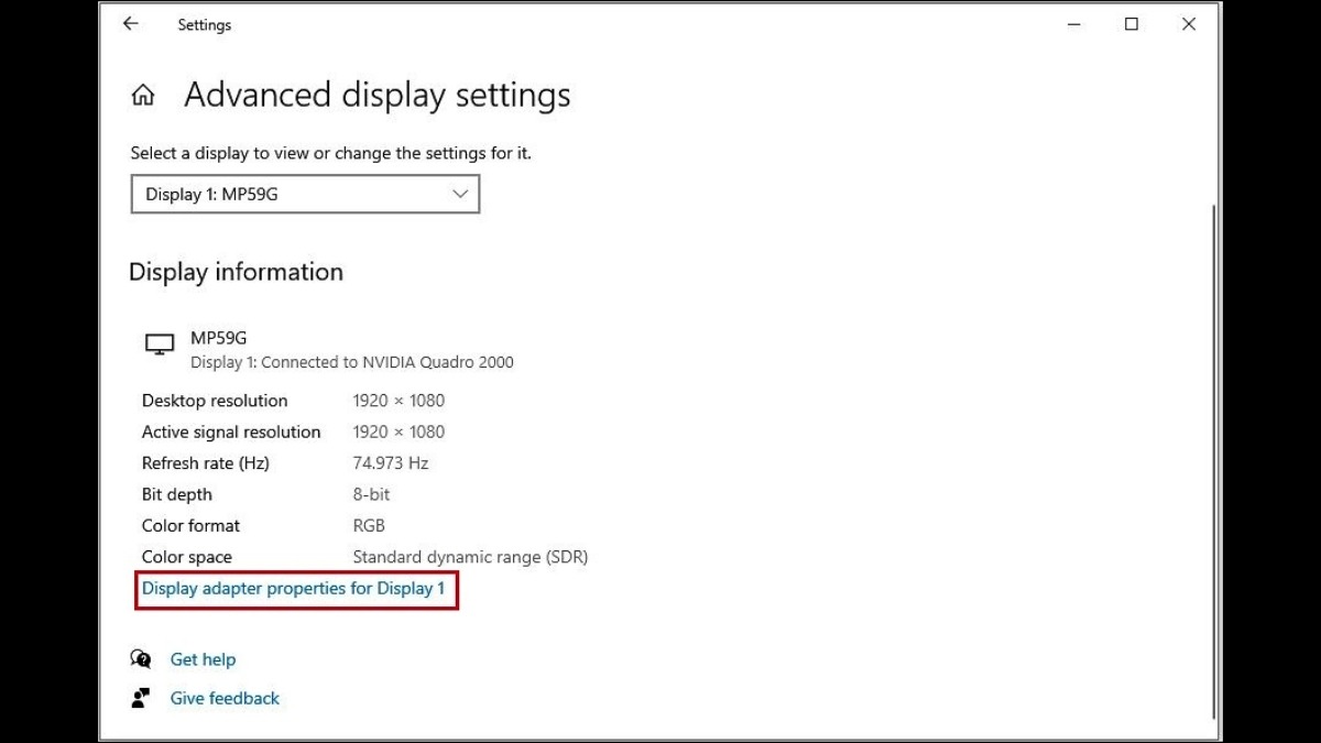 Chọn Display adapter properties for Display 1