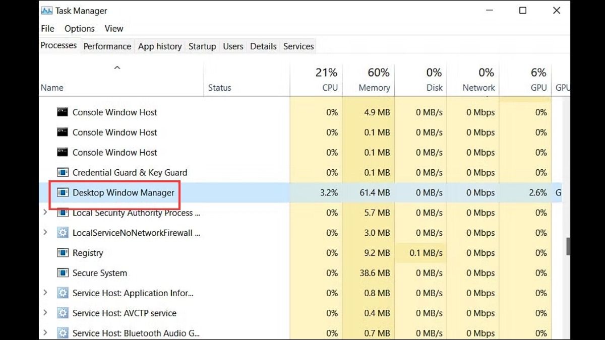 Nhấp vào Desktop Window Manager Session Manager