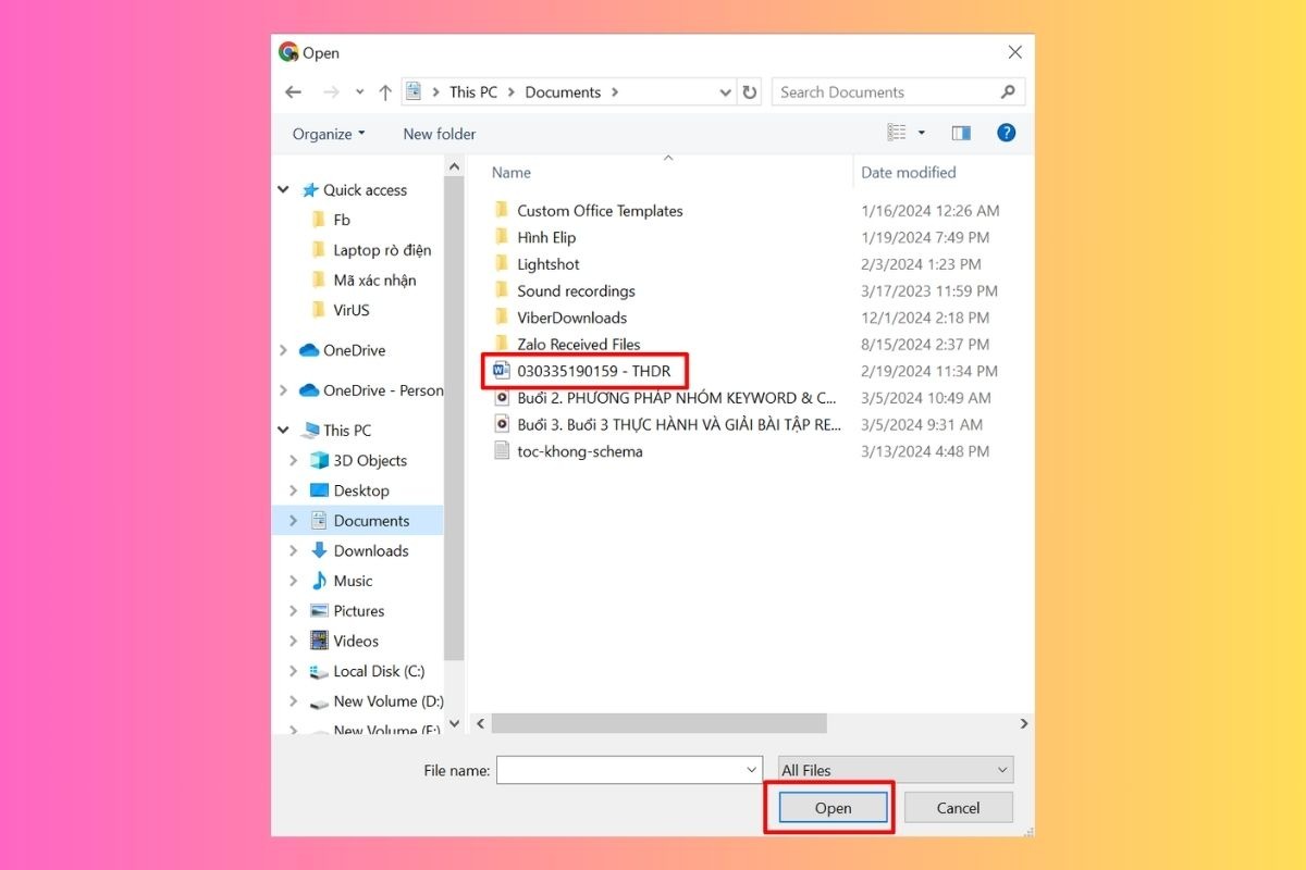 Tìm và chọn file Word bạn muốn gửi