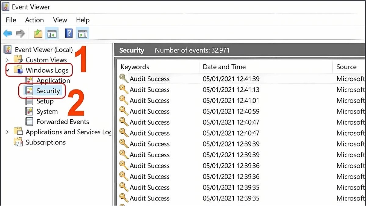 Chọn Windows Logs > Security