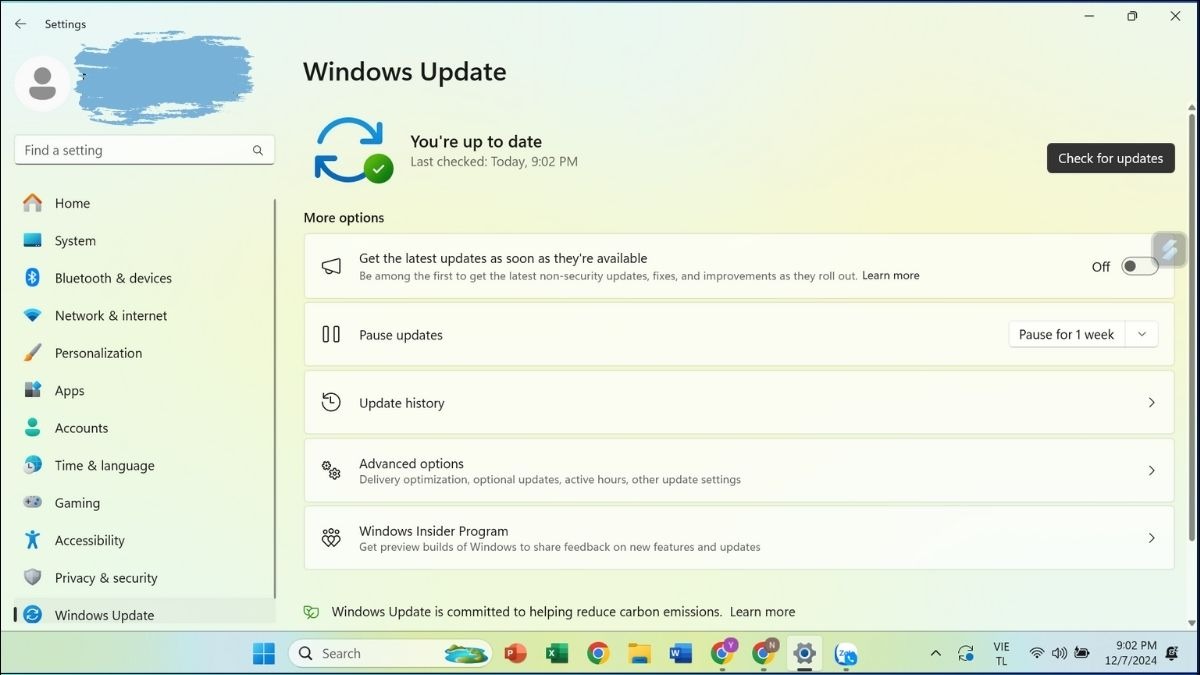 Mở Windows Update để kiểm tra và cài đặt bản cập nhật