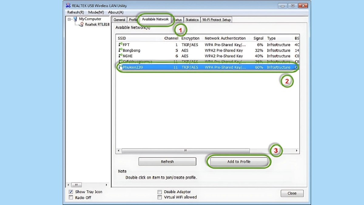 Chọn tab Available Network