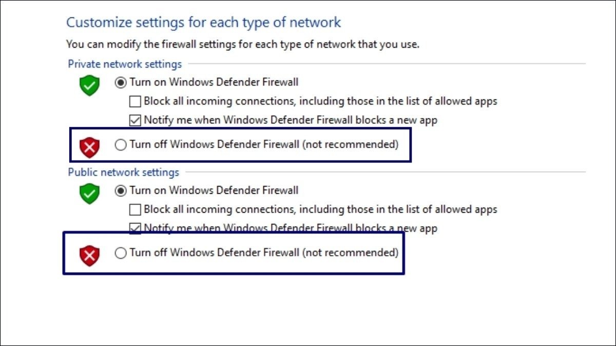 Chọn Turn off Windows Defender Firewall (not recommended)