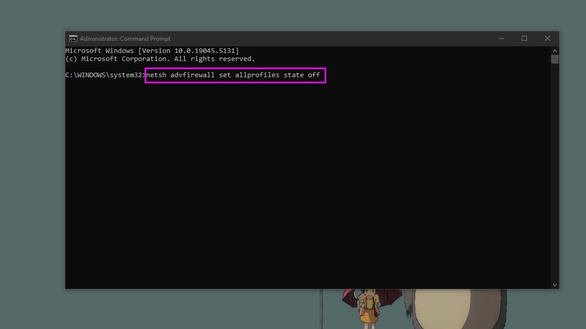 Gõ lệnh netsh advfirewall set allprofiles state off và nhấn Enter