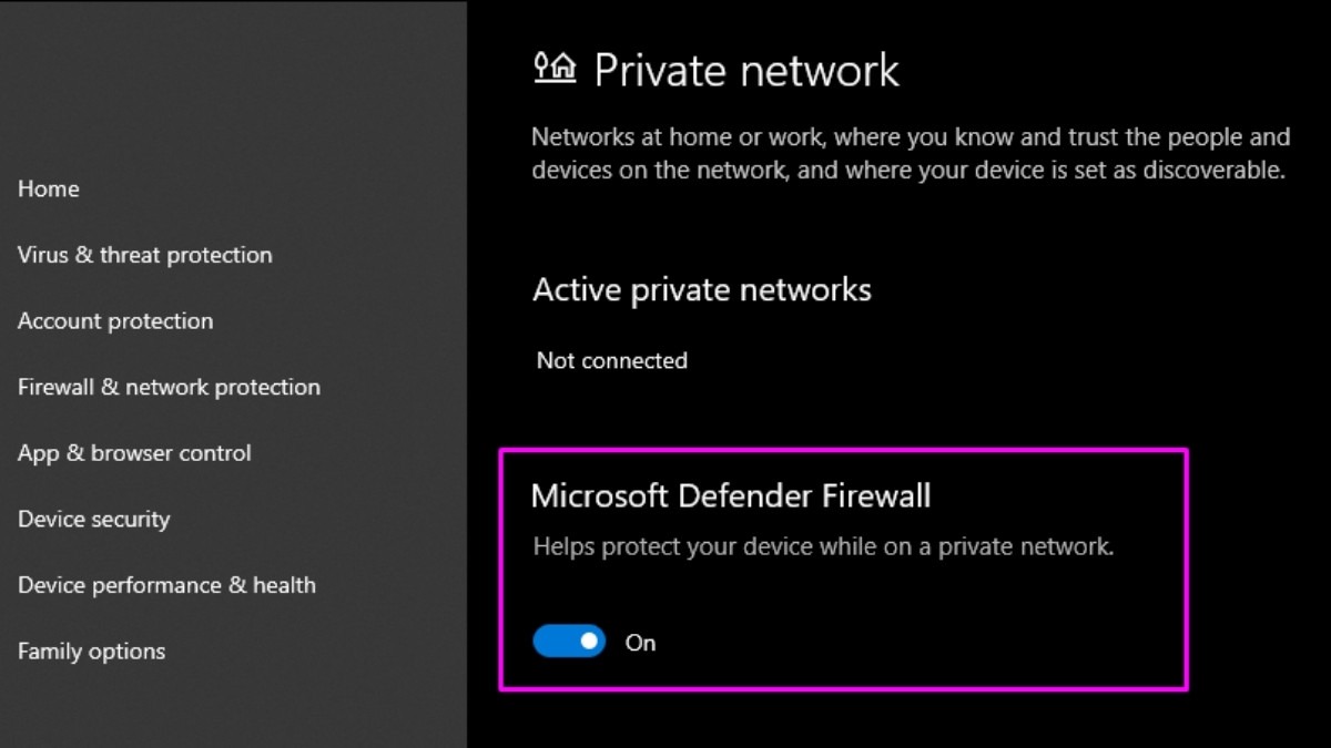 Gạt nút Windows Defender Firewall sang vị trí Off