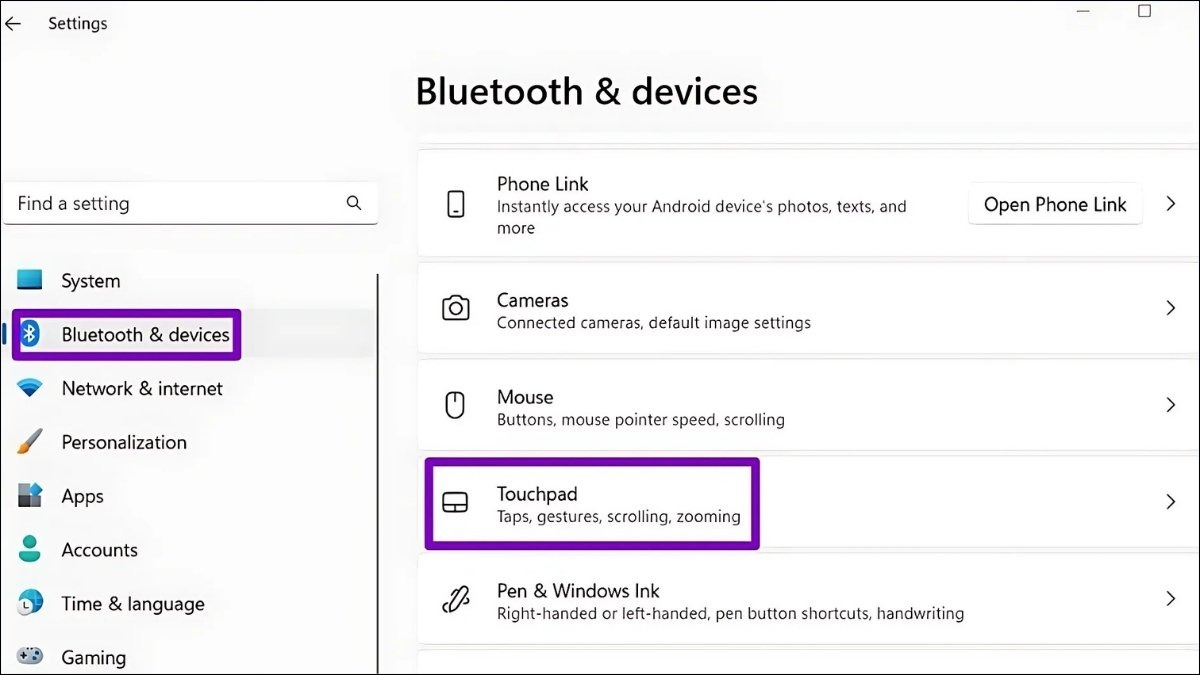 Chọn Bluetooth & devices > Touchpad