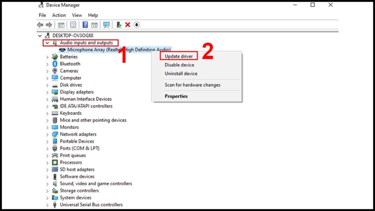 Trong Device Manager, mở mục Audio inputs and outputs